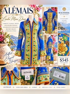 ALÉMAIS Linda Mini Dress | Cobalt Floral Print | Size US 4 | NWT